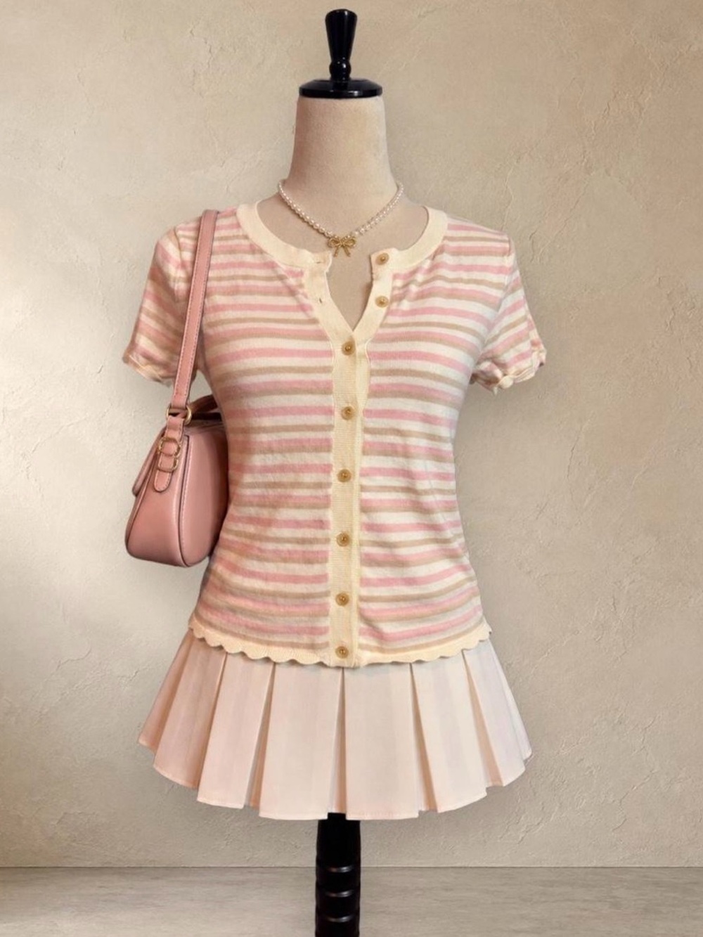 LOFT Outlet Petite XS Pink Striped Scalloped Short Sleeve Cardigan Sweater